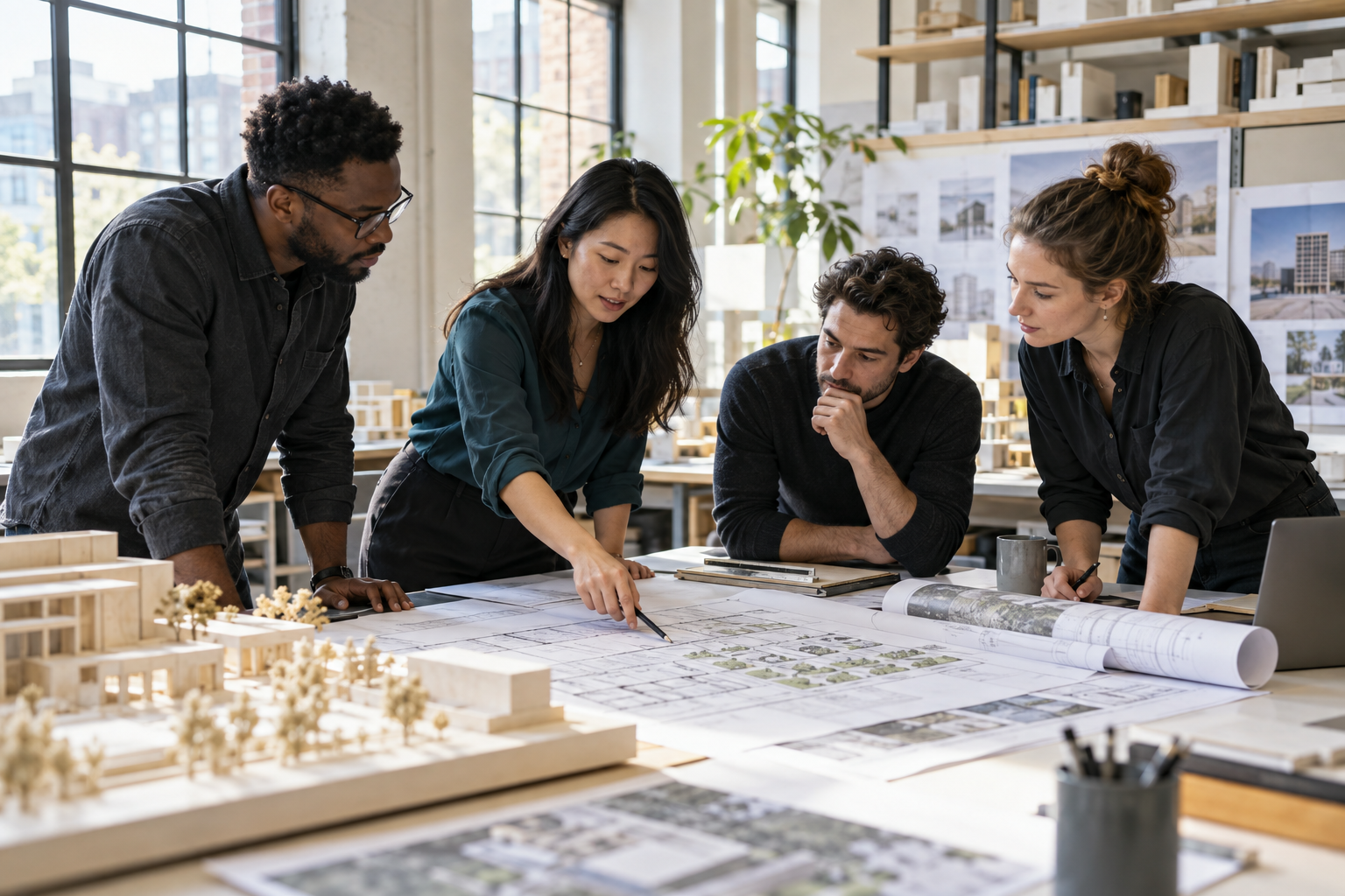 Conceptual editorial image of a team reviewing architectural plans
